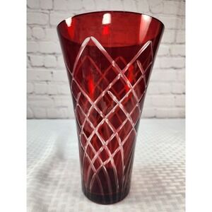 Ruby Red Bohemian Czech Cut to Clear Crystal Glass Vase Vibrant & Stunning!